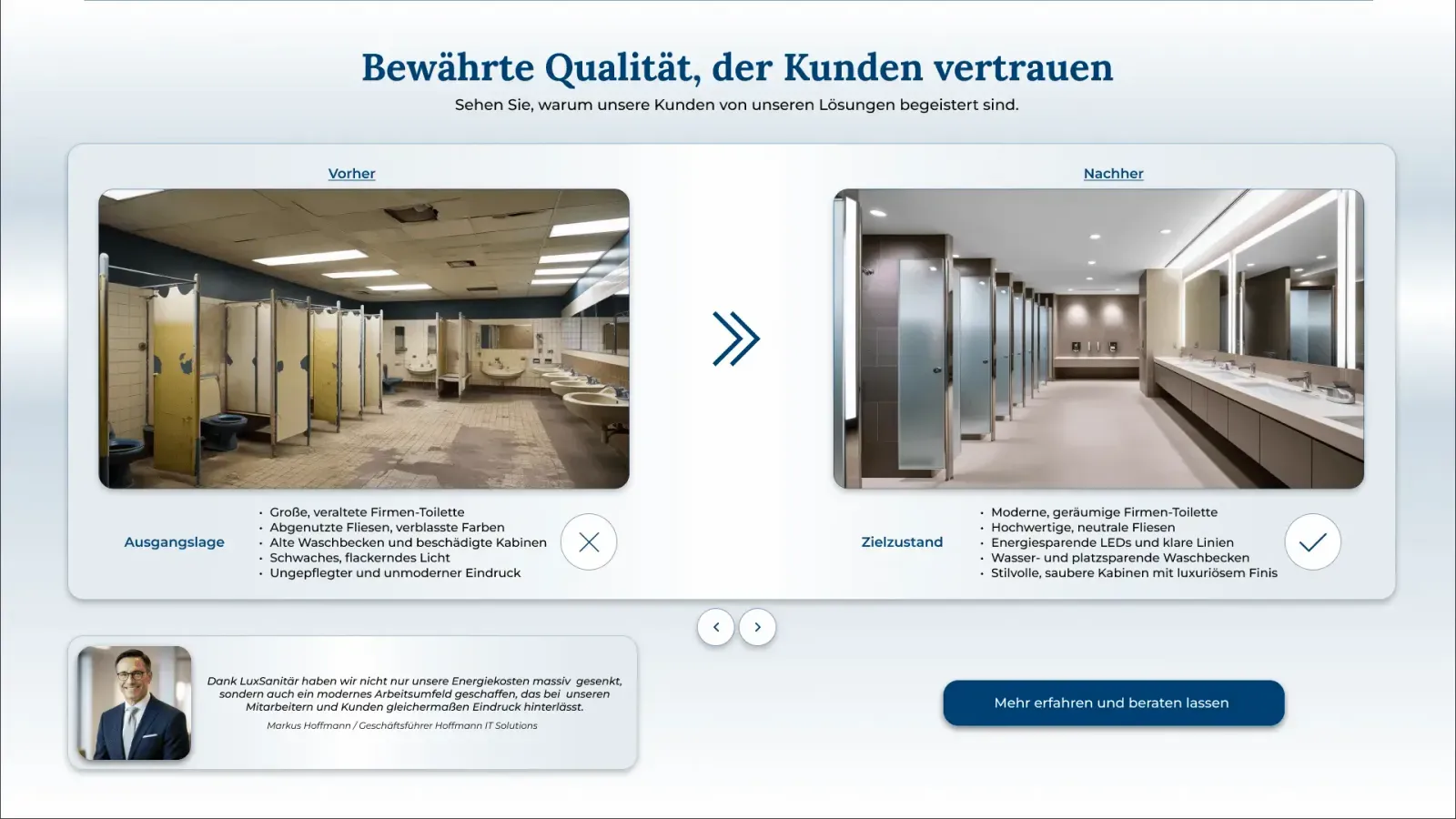 Case Study Section von LuxSanitär mit Fokus auf Ergebnisse und Nutzen.